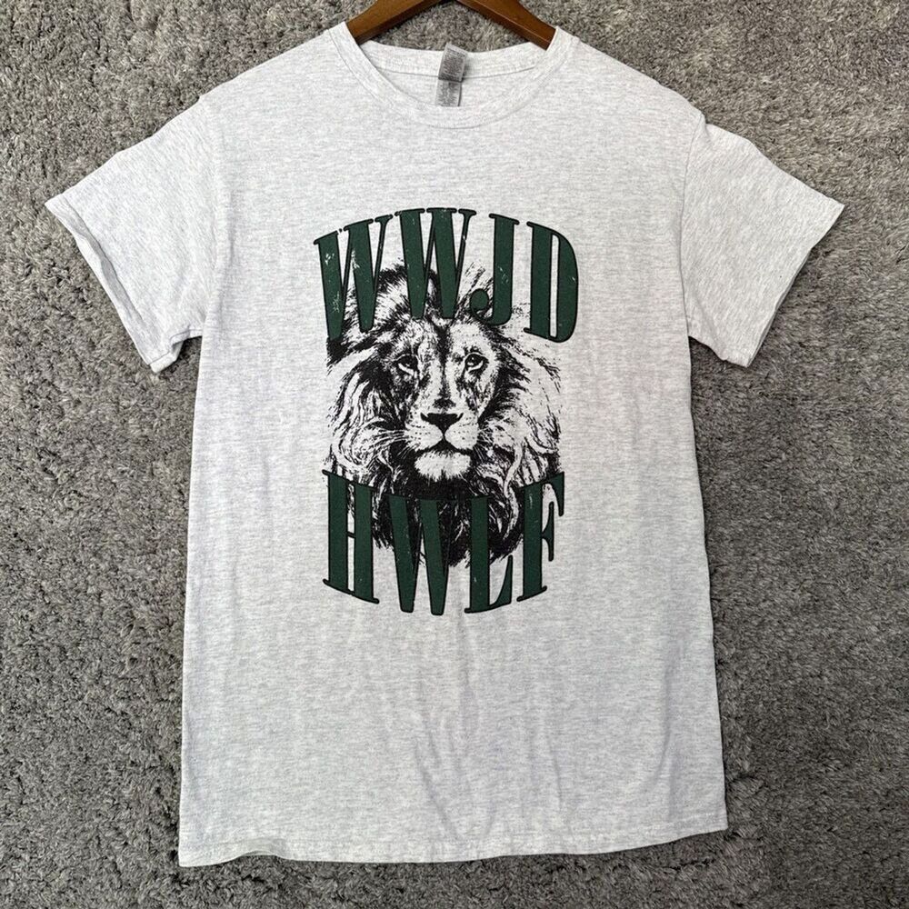 WWJD HWLF Jesus T Shirt Size Small Gray Lion Christian Short Sleeve Crewneck